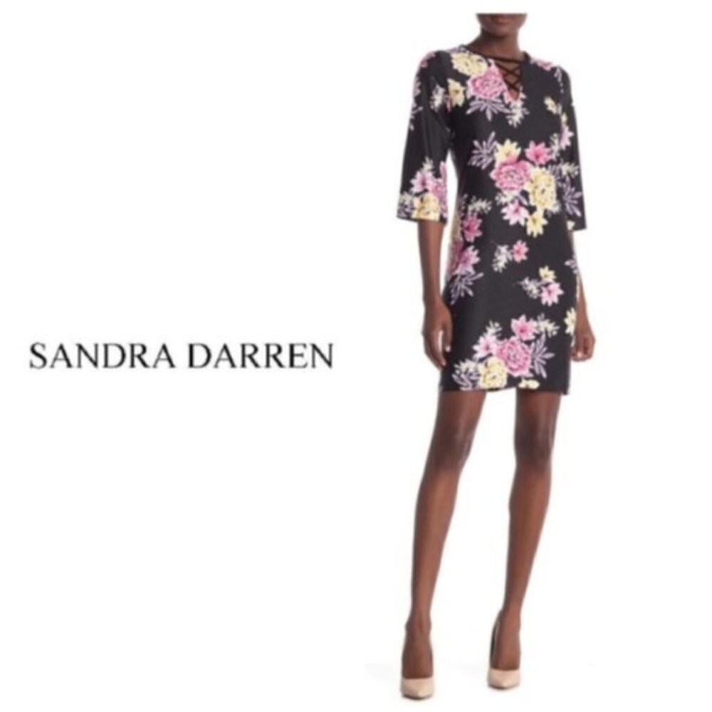 Sandra Darren Womens Black Pink Floral V Neck Elbow Sleeve Shift Dress Sz 12 New - Picture 7 of 8